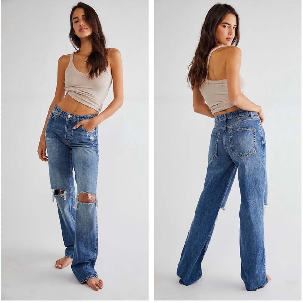 Free People Blue Distressed Wild Flower Jeans